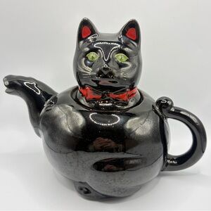 Shafford Redware Vintage Hand Painted Black Cat Kitsch Pottery Teapot, Lidded